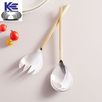 Stainless Steel and Brass handle Salad Server Set