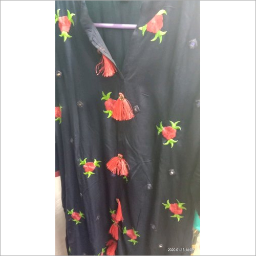 Party Wear Kurti - Rayon, 44 Inches Length, V-Neck, Black Color | Breathable Material, Comfortable Fit, Stylish Design, Vibrant Prints, 3/4 Sleeves