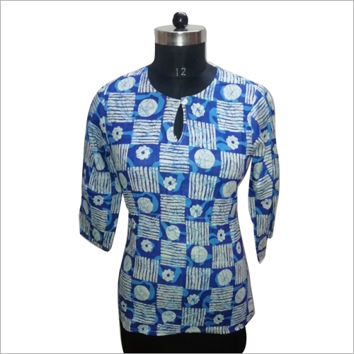Printed Short Kurti - Cotton, Sizes S, M, L, XL, Blue | Long Sleeves, Printed Pattern, Casual Wear, Washable, Quick Dry, No Fade