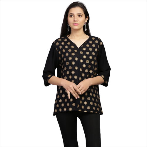 Printed Designer Short Kurti - Cotton , Sizes: S, M, L, XL | Color: Black, 3/4 Sleeve Style, Quick Dry, Washable, Ideal for Casual & Festive Occasions