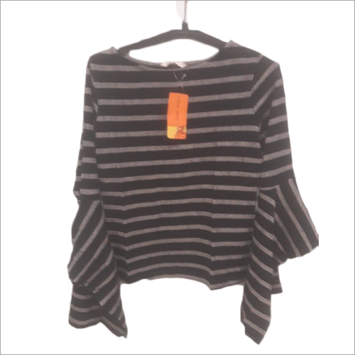 Ladies Stripe Short Top - Cotton Blend, Sizes S-M-L-XL, Grey-Black Striped Design | Breathable Fabric for Summer Comfort