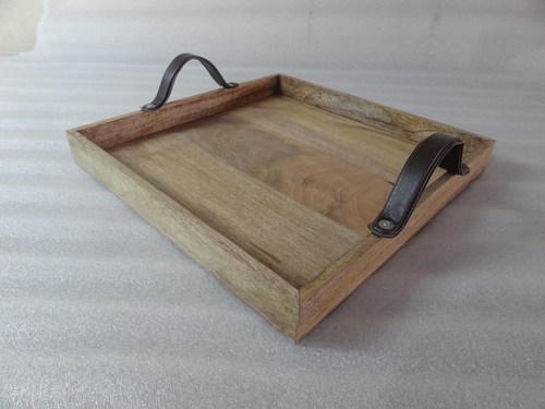 Wooden Tray with Leather handle By KAZMI EMPORIUM