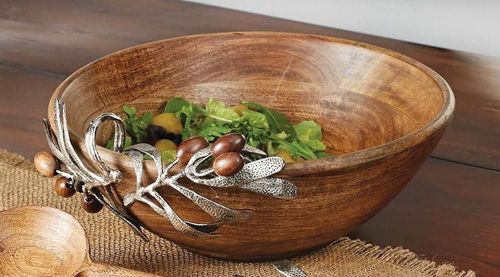 Wooden Bowl with aluminum Olive Branch By KAZMI EMPORIUM