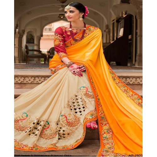 Multicolour Yellow Paper Silk Embroidery Work Saree