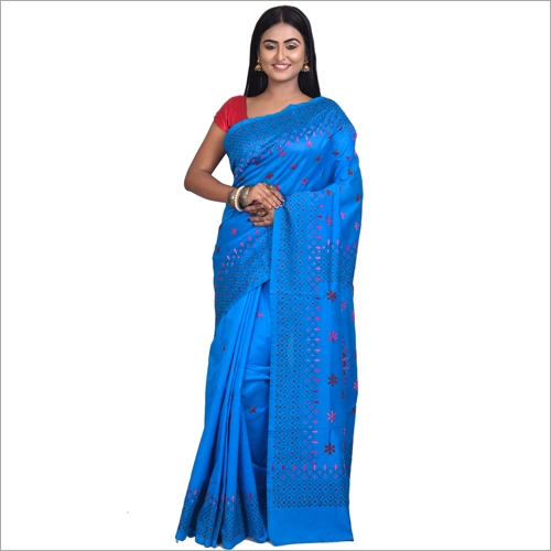 Blue Hand Print Kantha Saree