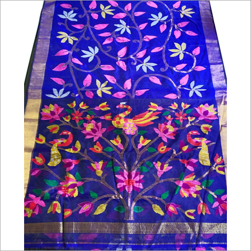 Matka Jamdani Saree - Cotton Silk Fabric, Royal Blue with Golden Jari Detailing