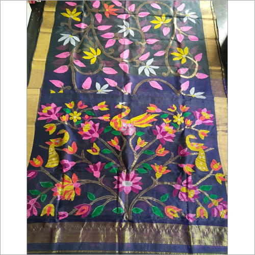 Available In All Color Matka Jamdani Saree Golden Jari Bodar Royel Blue