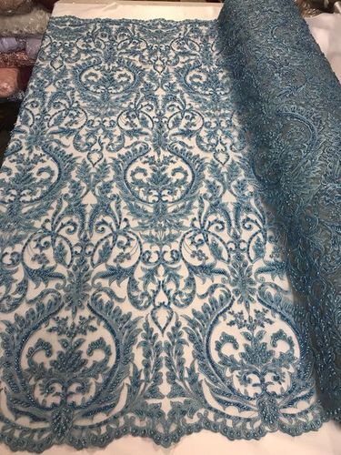 Beaded Fabric - By The Yard Baby Blue Lace Heavy Beads For Bridal Veil Flower Mesh Dress Top Wedding Decoration