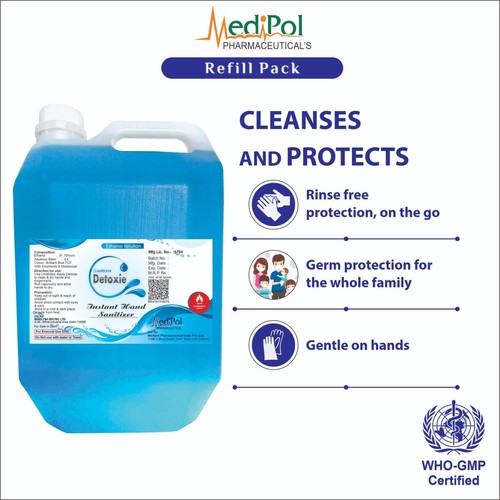 5000 ML Detoxie Instant Hand Sanitizer - Gel Base with 70% Alcohol Content , Kills 99.9% Germs in 20-30 Seconds, Suitable for All Ages