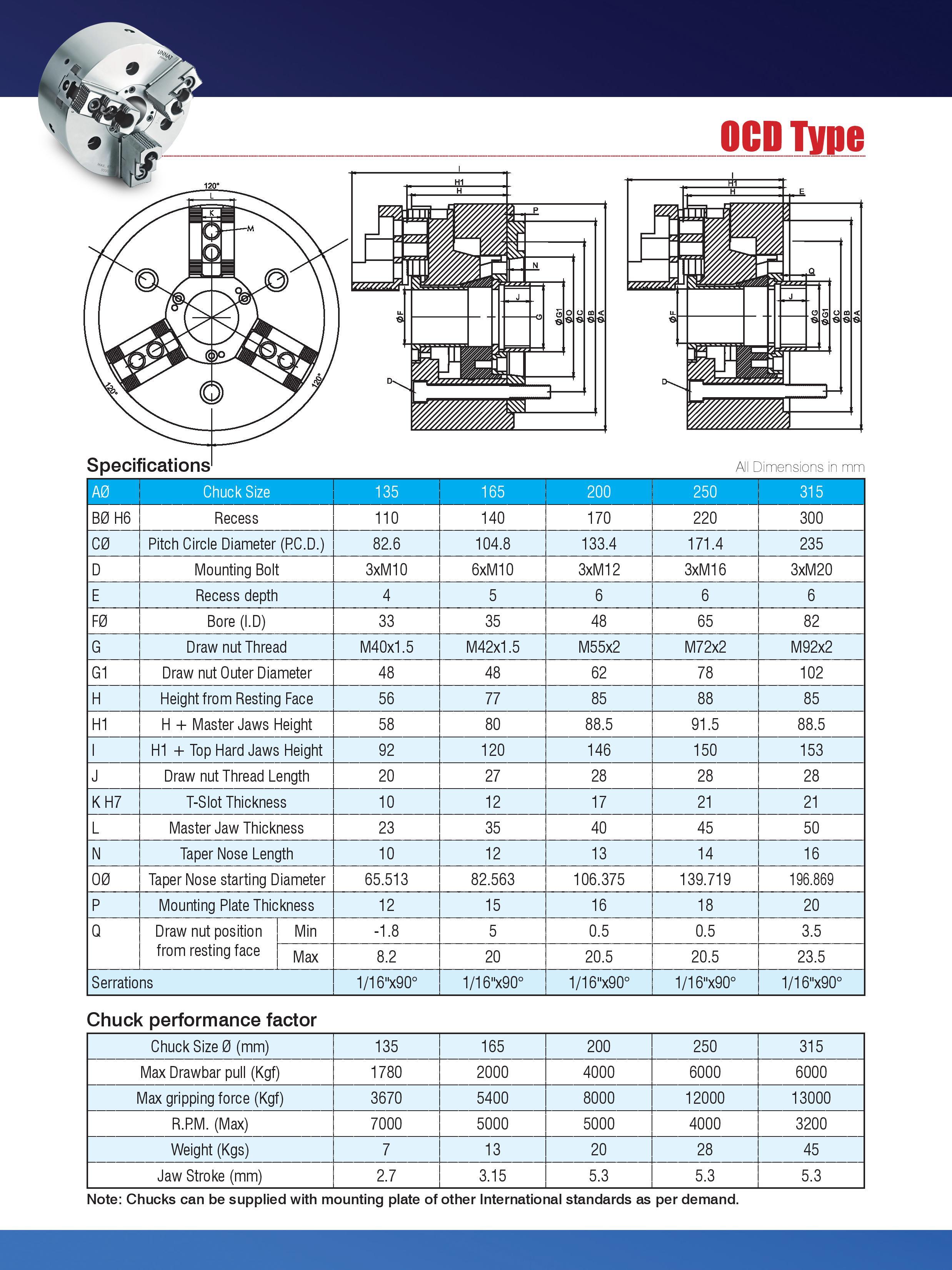 Unnat 3 Jaw Power Chucks With Open Centre