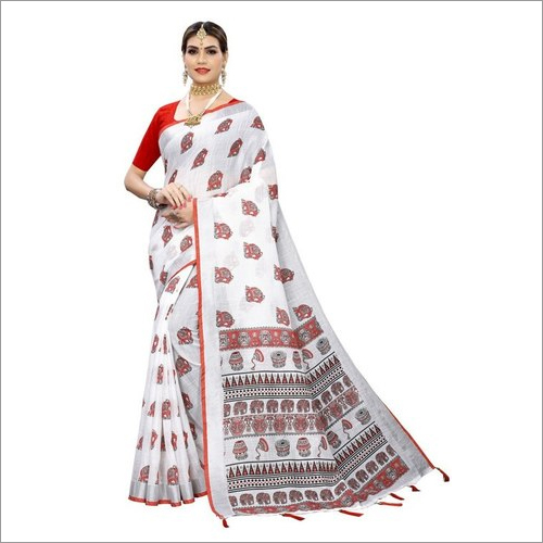 Animal Printed Linen Saree with Jhalar