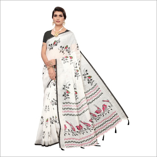 Linen Saree With Bird Prient
