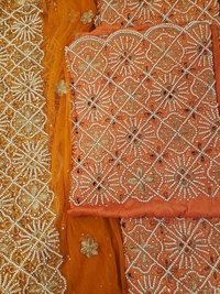 Orange Indian Beaded Fabric, Indian George Wrapper High Quality Fabric Hand Beaded Fabric