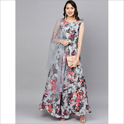 Black georgette floral digital printed gown