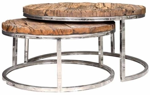 Handmade Sleeper Wood And Silver Round, Silver Round Coffee Table Set