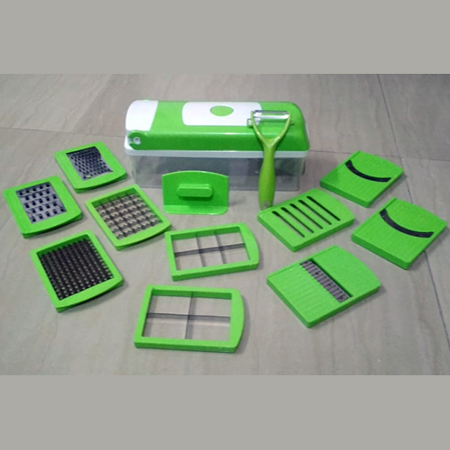 Twelve In Four Cutter - Stainless Steel Blades, Green Plastic Body | Includes Cutter, Peeler, Chopper, Manual Operation, Fast Grip