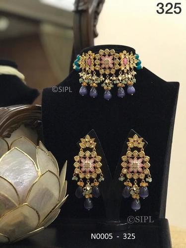 Ahmedabadi Kundan Meenakari Necklace Set Drop Earrings