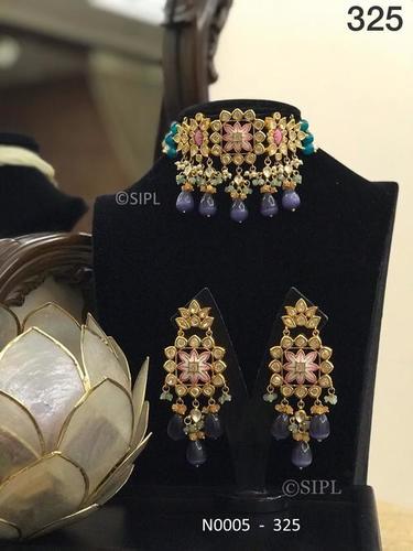 Brass Handmade Ahmedabadi Kundan Meenakari Necklace Set