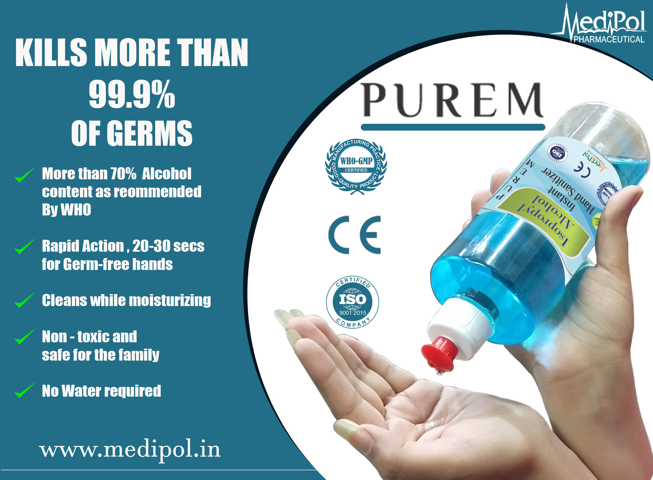 500 ML Purem Isopropyl Alcohol Instant Hand Sanitizer