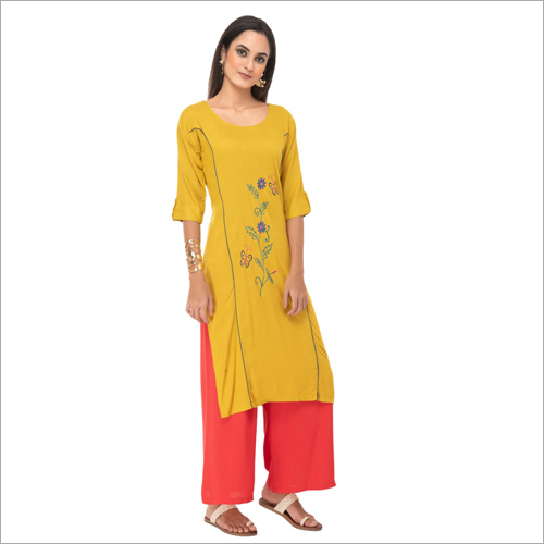 Embroidery Rayon Kurti - Size S, M, L, XL | Mustard Yellow, Trendy Casual Style, Washable Fabric for Effortless Summer Vibes