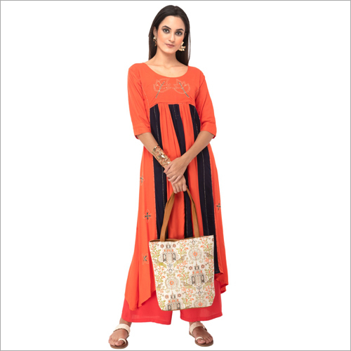 Designer Embroidery Rayon Kurti - Sizes S, M, L, XL | Coral Color, Vertical Stripes, Washable, Casual Wear for All Seasons