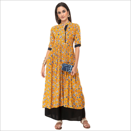 Designer Printed Rayon Kurti - Small, Medium, Large, XL | Yellow Base With Multi-Colored Print, Washable, Ideal For All Seasons