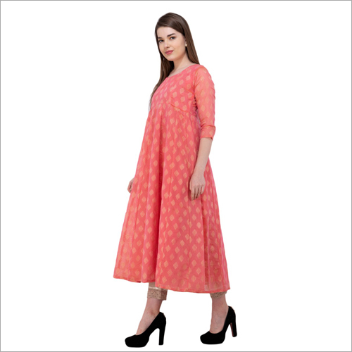 Chanderi Long Kurti - Chanderi Fabric, Sizes S-XL, Pinkish-Peach Color, Casual Dress Type, Short Sleeves, Washable for All Seasons