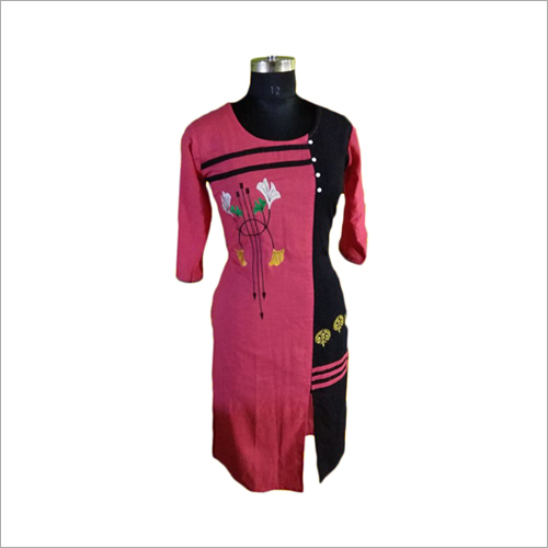 Cotton Embroidery Kurti - Cotton Sizes: S M L XL | Magenta & Black Color Combination Casual Wear for Ladies Washable