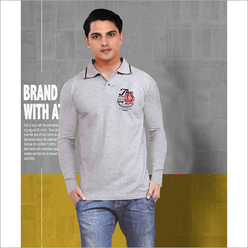 Mens Grey Polo T-Shirt - Cotton Blend, Sizes S-XL | Long Sleeve, Polo Collar, Stylish and Comfortable Design for All Occasions