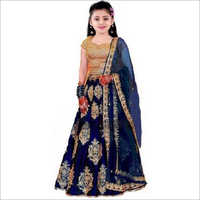 Butto Girls Fancy Lehenga Choli - Embroidered Cotton Blend, Customized Size, Available In Green, Blue, Wine | Short Sleeves, Washable, Comfortable Fit