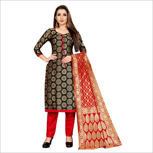 Black-Red Ladies Banarasi Jaquard Dress Material
