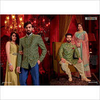 Mens Silk Sherwani Fabric - Olive Green, Available In Multiple Colors And Materials For Designer Ethnic Attire