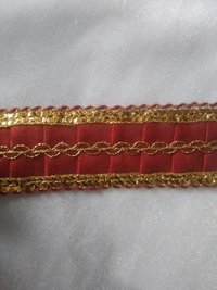 Designer Dupatta Lace - Silk Cotton, 9 Miter Length, Gold Marun Color, Checked Pattern, One Sided Design | Decorative Lace With Elegant Finishing
