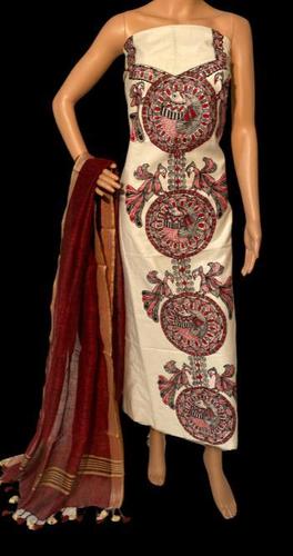Indian Madhubani Hand Painted Pure Cotton Silk Kurti Or Linen Lond Dupatta 2.5 Mtrs .