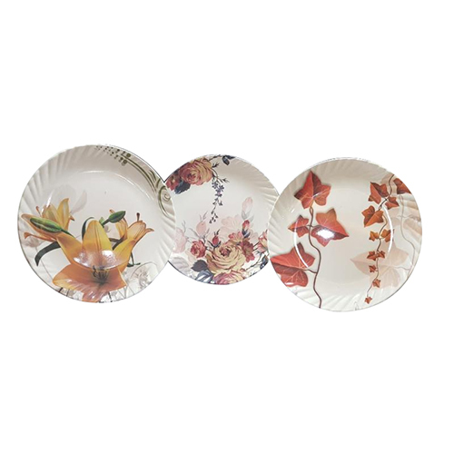 Tent Crockery Plate - Porcelain, Standard Size, Multi-Color | Lightweight & Durable with Glossy Finish, Floral Print Design, Set of 3 Plates