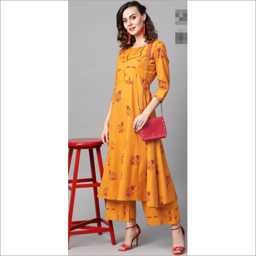 Ladies Kurti & Palazzo Set - Premium Quality Cotton, Comfortable Fit, Printed Yellow Design | Trendy, Washable, Year-Round Wear