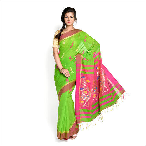 Ladies Printed Green Handloom Saree