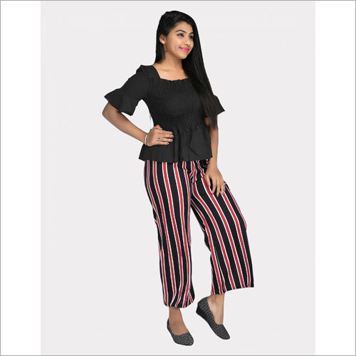 Women Black And Red Striped Wide Leg Palazzo