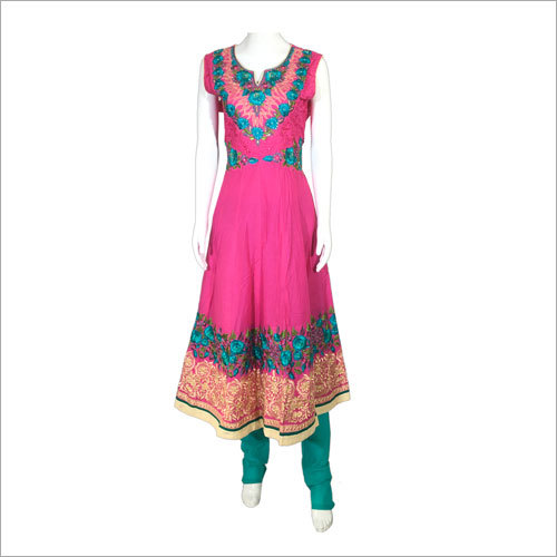 Women Candy Pink And Jade Design Gown With Churidar