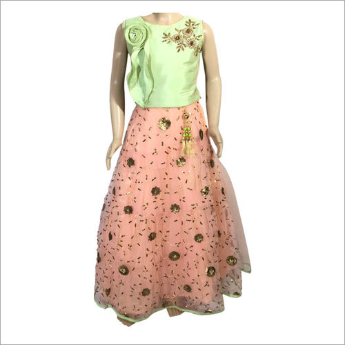Girls Blush Embroidered Lehenga And Blouse With Dupatta Crop Top