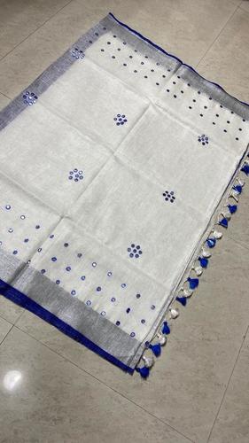 Pure Linen By Linen 120 Count Cut Work With Foil Embroidery Saree .