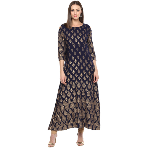 Women Printed Rayon Anarkali Kurta  (Blue)