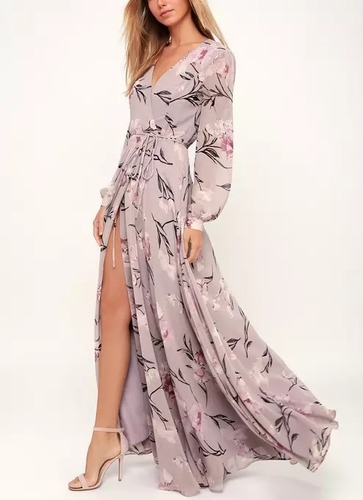 Flower Printed A Line Dusty Purple Floral Print Long Sleeve Wrap Maxi Dress For Girl - Ethnic Region: Indian