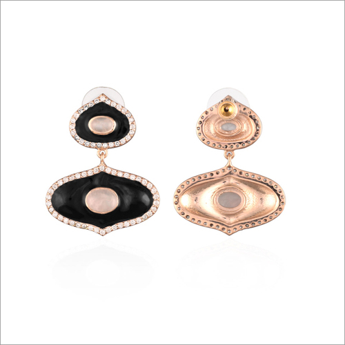Oval Eye Brass Enamel Yellow Flash Gold White Rhodium Rose Gold Designer Stud Earrings with AAA White Zircons