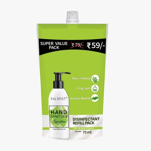 PALMIST HAND SANITIZER REFILL PACK 75ML - Herbal Ingredients, 75 mL Size | Moisturizing Properties, 36-Month Shelf Life, Suitable for All Ages