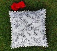 Kirti Finishing  White Flowers Cotton Cushion Cover with Pom Pom 16 inches Set of 5
