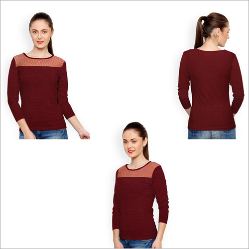 Marron Color Knitting T-shirt Round Neck Net Full Sleeve