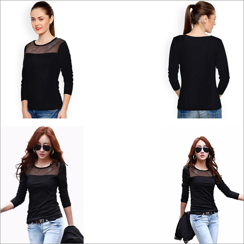 Black Color Knitting T-shirt Round Neck Net Full Sleeve