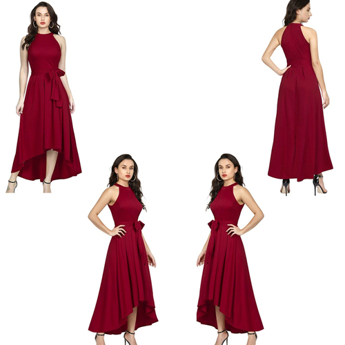 Maroon Color Rayon Sleeveless Up Down Designer Gown