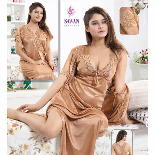 Shri ji Nightwear Fancy Solid Satin 2 Piece Nighty For Women Satin